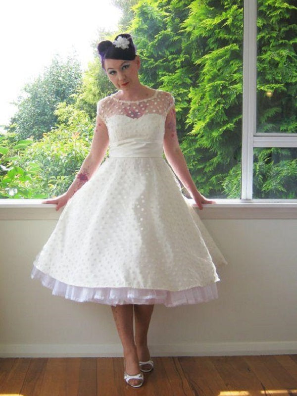 Cap Sleeved 1950s Style Tea Length Polka Dot Wedding Dress,20081907-Dolly Gown