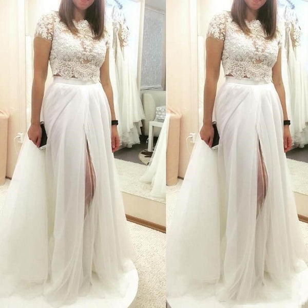 Flowy Summer Lace Cap Sleeves Top Bridal Separates with Slit Skirt
