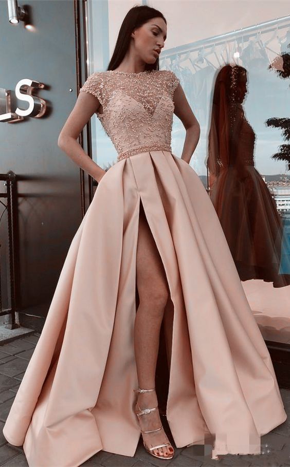 2024 Cap Sleeves Jewel Neck Side Slit Prom Dress with Beading Bodice 2024 Cap Sleeves Jewel Neck Side Slit Prom Dress with Beading Bodice