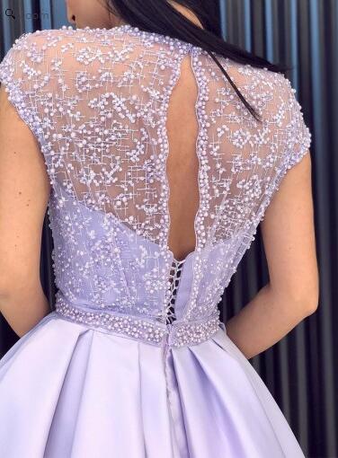 2019 Cap Sleeves Jewel Neck Side Slit Prom Dress with Beading Bodice,GDC1103 - DollyGown