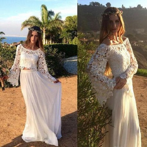 Casual Beach Long Sleeve 2 piece Bridal Separates,Boho two Piece Wedding Dress,200082683-Dolly Gown