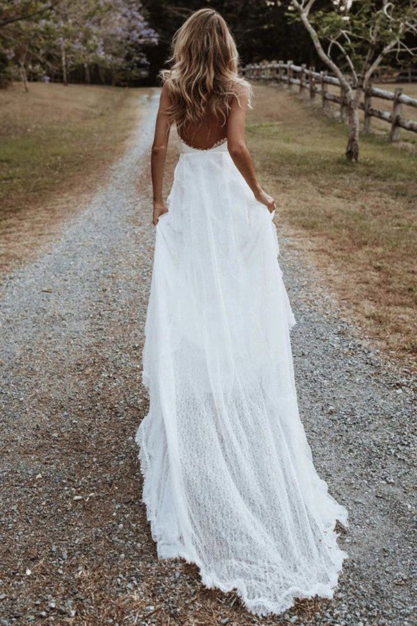 Casual Flowy Boho Wedding Dress with Side Slit Casual Flowy Boho Wedding Dress with Side Slit