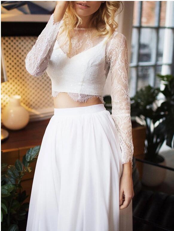 Casual Flowy Long Sleeve Beach Two Piece Bridal Separates with Chiffon Skirt,20082217-Dolly Gown