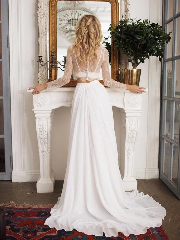 Casual Flowy Long Sleeve Beach Two Piece Bridal Separates with Chiffon Skirt,20082217-Dolly Gown