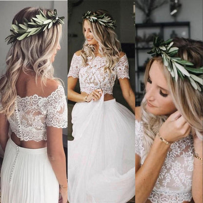 Casual Flowy Short Sleeve Lace Crop Top Two Piece Wedding Dress