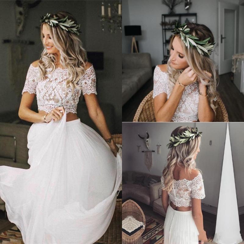Casual Flowy Short Sleeve Lace Crop Top Two Piece Wedding Dress Bridal Separates Casual Flowy Short Sleeve Lace Crop Top Two Piece Wedding Dress Bridal Separates