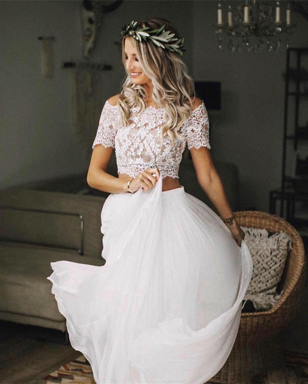 Casual Flowy Short Sleeve Lace Crop Top Two Piece Wedding Dress