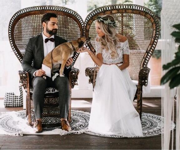 Casual Flowy Short Sleeve Lace Crop Top Two Piece Wedding Dress Bridal Separates Casual Flowy Short Sleeve Lace Crop Top Two Piece Wedding Dress Bridal Separates