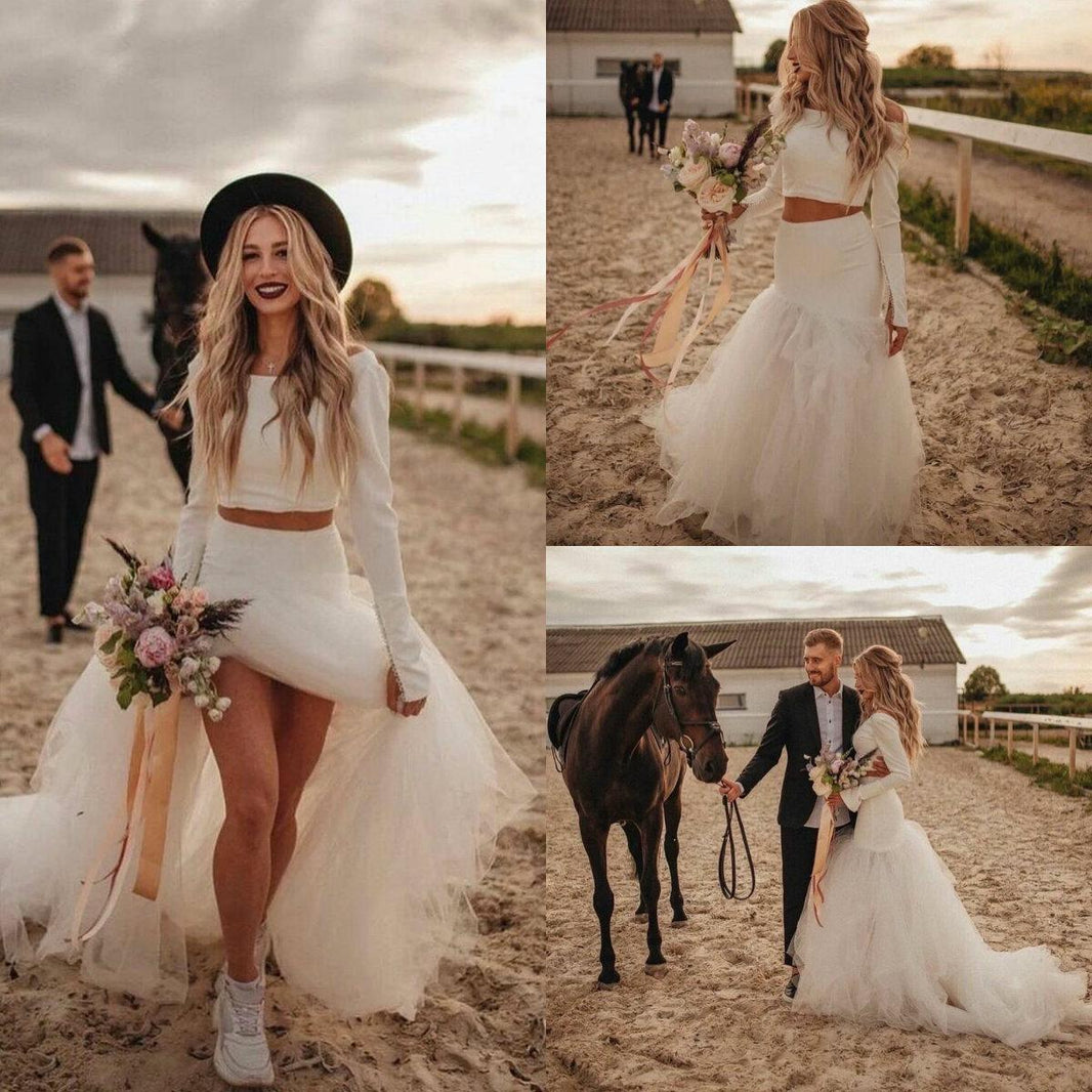 Long Sleeve High Low Two Piece Long Sleeved Crop Top Bridal Separates