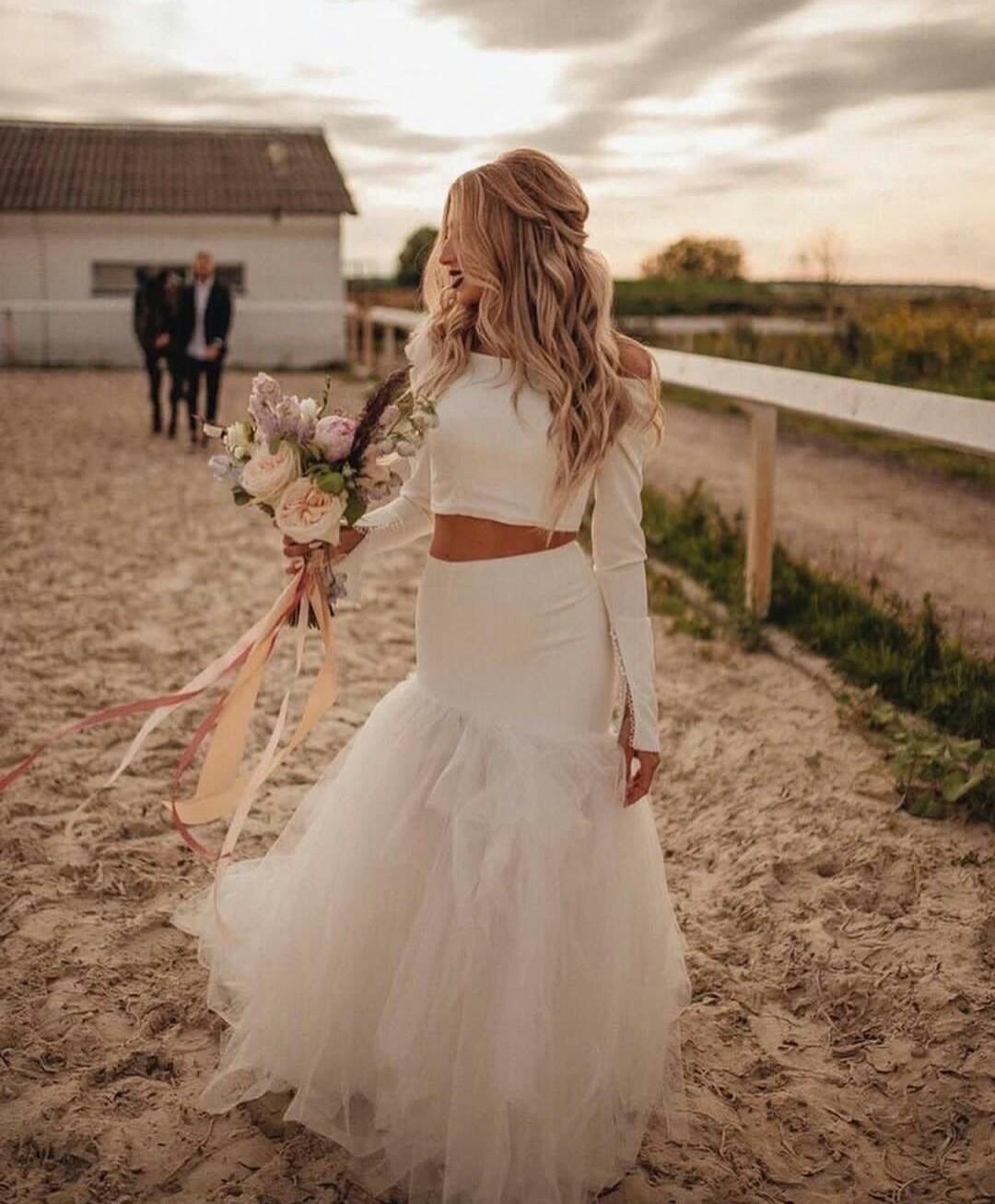 Casual Long Sleeve Top Unique Two Piece Jersey Bridal Separates with Tulle Skirt Casual Long Sleeve Top Unique Two Piece Jersey Bridal Separates with Tulle Skirt