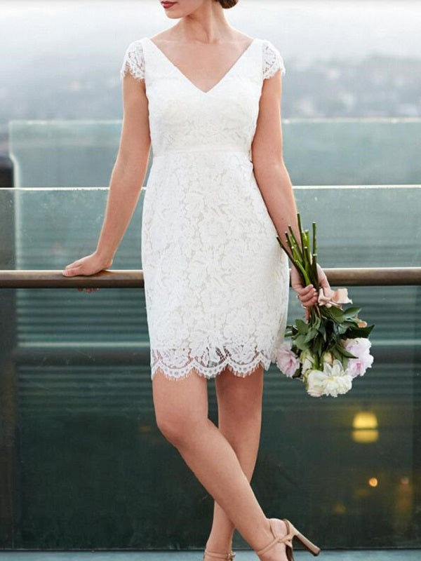 Cap Sleeves Short Wedding Dress Casual Lace Simple Short Bridal Gown