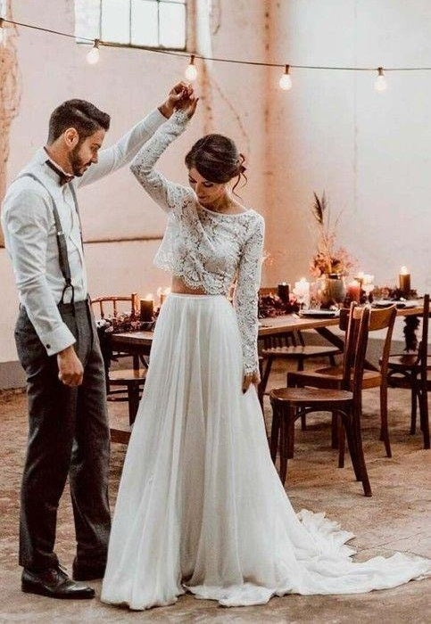 Casual Style Long Sleeve Lace Crop Top Boho Two Piece Wedding Dresses,081512-Dolly Gown
