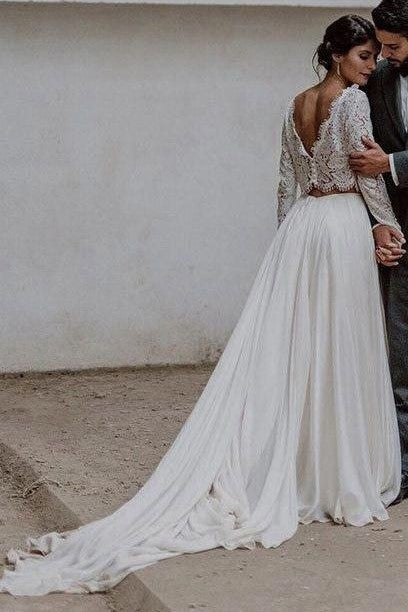 Casual Style Long Sleeve Lace Crop Top Boho Two Piece Wedding Dresses,081512-Dolly Gown