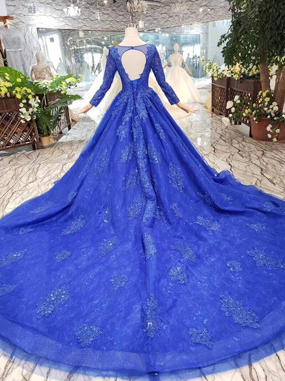 Cathedral Train Royal Blue Princess Ball Gown with Sleeves - DollyGown