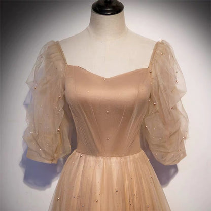 Champagne Flowy Prom Dress with Sleeves - DollyGown