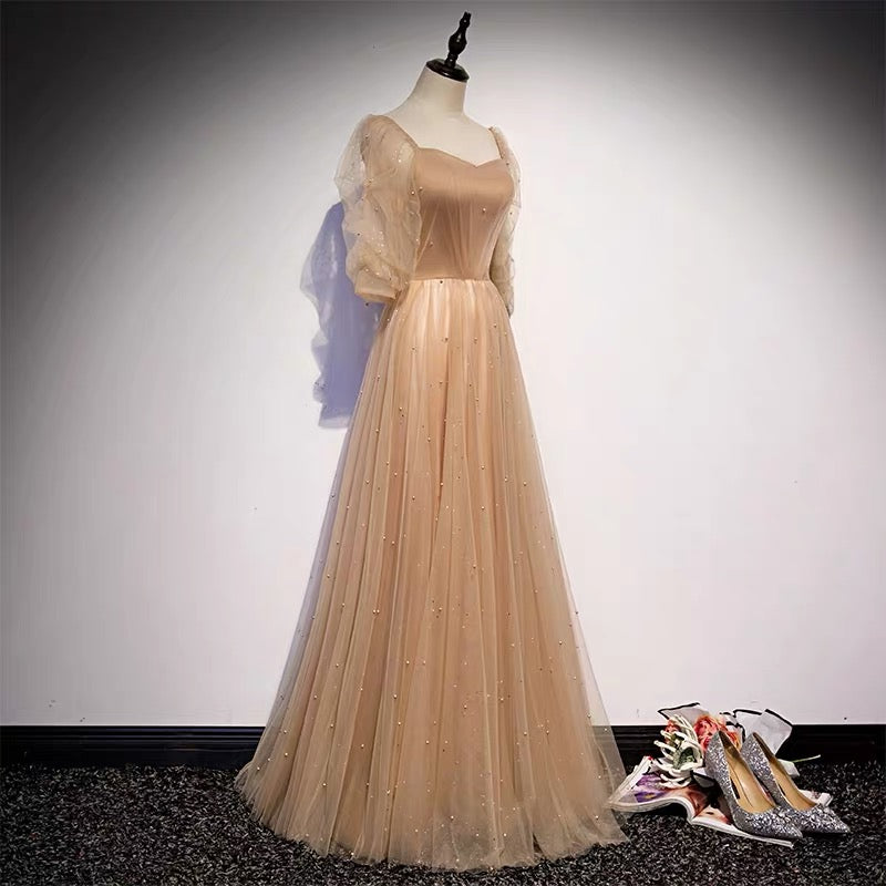 Champagne Flowy Prom Dress with Sleeves - DollyGown