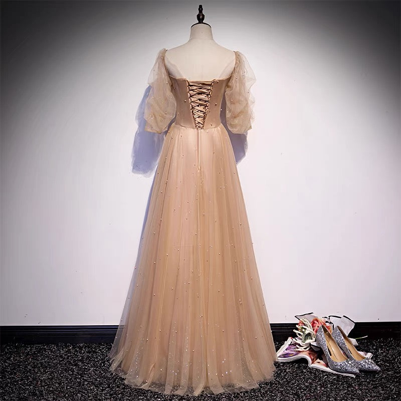Champagne Flowy Prom Dress with Sleeves Champagne Flowy Prom Dress with Sleeves