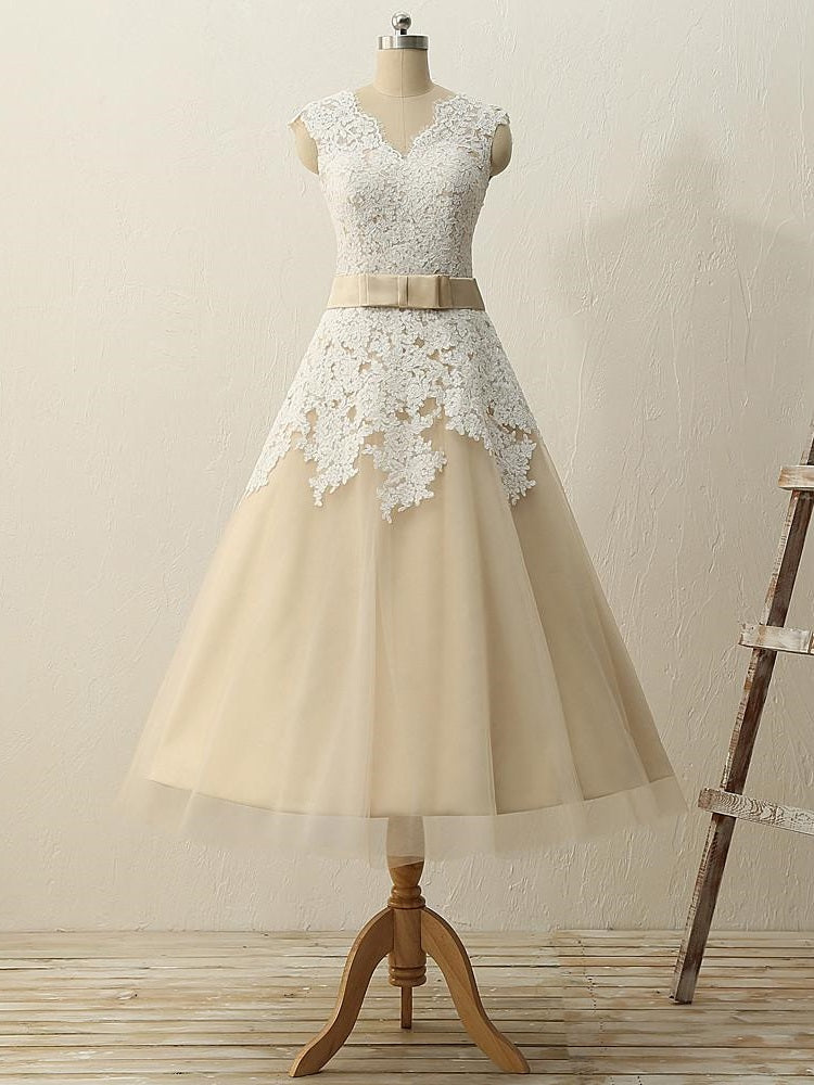 Champagne 50s Style Lace Tea Length Wedding Dress with Cap Sleeves