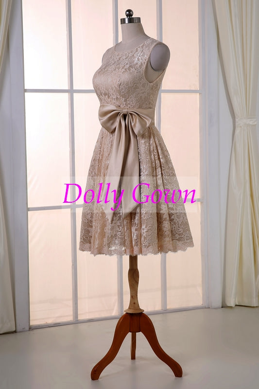 Champagne Lace Illusion Neck Short Bridesmaid Dresses with Open Back Champagne Lace Illusion Neck Short Bridesmaid Dresses with Open Back