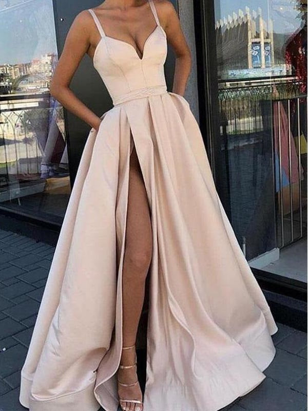 Discount Stylish Satin Long Champagne Prom Dress with Pockets,GDC1201-Dolly Gown