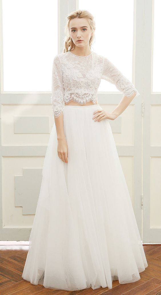 Casual Boho Long Two Piece Lace Crop Top Wedding Dress with Spaghetti Straps