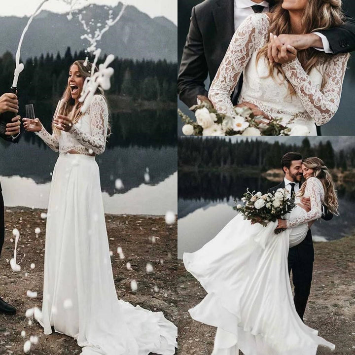 Cap Sleeves Lace Bridal Separates | Crop Top Two Piece Wedding Dress with Hi-Lo Chiffon Skirt main image 0