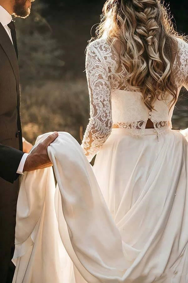 Long Sleeve Bridal Separates Lace Top | Affordable Two Piece Wedding Dress with Chiffon Skirt Long Sleeve Bridal Separates Lace Top | Affordable Two Piece Wedding Dress with Chiffon Skirt