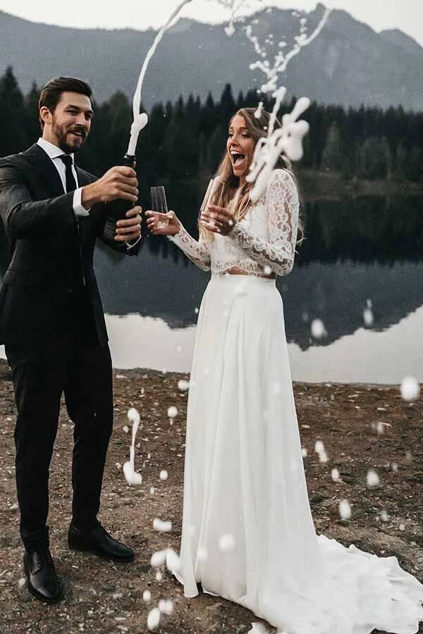 Long Sleeve Bridal Separates Lace Top | Affordable Two Piece Wedding Dress with Chiffon Skirt Long Sleeve Bridal Separates Lace Top | Affordable Two Piece Wedding Dress with Chiffon Skirt