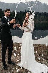 Long Sleeve Bridal Separates Lace Top, Affordable Two Piece Wedding Dress with Chiffon Skirt,20082667-Dolly Gown