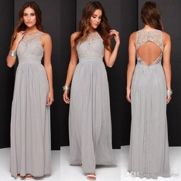 Cheap Open Back Lace Top Gray Bridesmaid Dresses Long,FS075-Dolly Gown