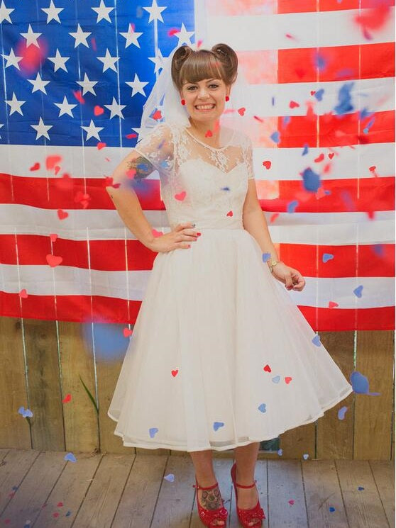 Cheap Short Sleeve Vintage Tea Length Wedding Dress,20111655-Dolly Gown