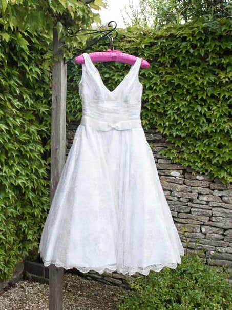 Cheap V-Neck Lace Short Tea Length Wedding Dress for Older Brides,20111764-Dolly Gown