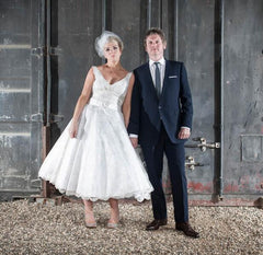 Cheap V-Neck Lace Short Tea Length Wedding Dress for Older Brides,20111764-Dolly Gown