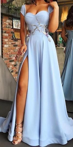 Cheap Blue Side Slit Long A Line Prom Dress with Cap Sleeves,GDC1062-Dolly Gown
