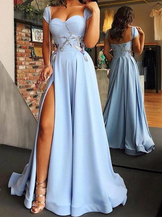 Cheap Blue Side Slit Long A Line Prom Dress with Cap Sleeves,GDC1062-Dolly Gown