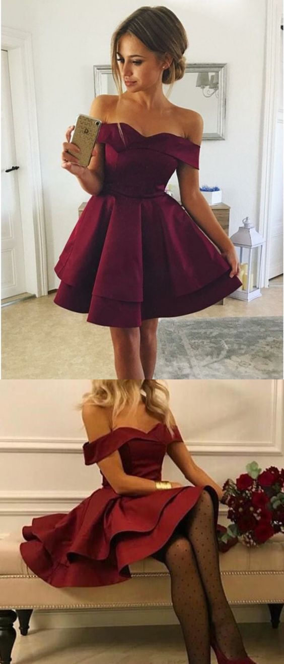 Off Shoulders Burgundy Mini Homecoming Dress with Double Layers Skirt Off Shoulders Burgundy Mini Homecoming Dress with Double Layers Skirt