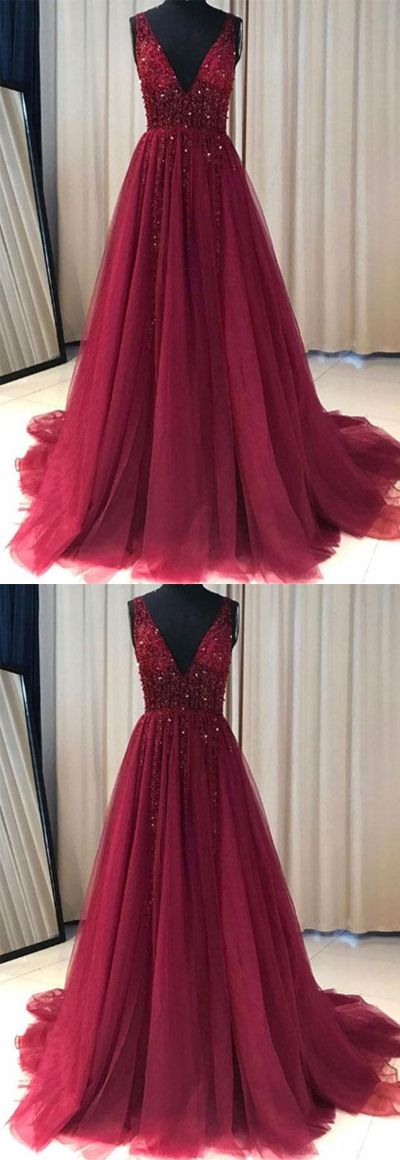 Cheap Red Prom Dress Tulle Lace Appliques V neck Prom Gown Wedding Party Dress,18021605-Dolly Gown
