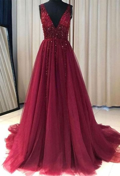 Cheap Red Prom Dress Tulle Lace Appliques V neck Prom Gown Wedding Party Dress,18021605-Dolly Gown