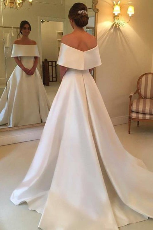 off the shoulder plain wedding dress Simple Retro White Off the shoulder A line Bridal Gowns