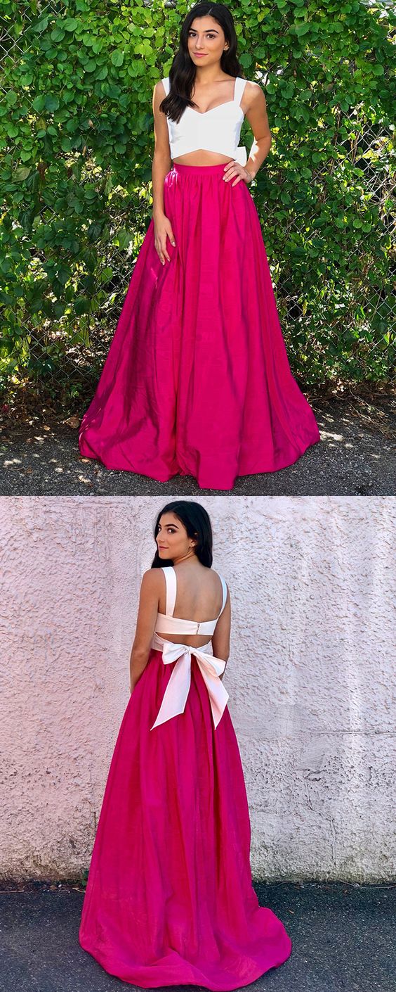 pink and white two piece prom dress Two Piece Off the Shoulder White and Blue Prom Dress with Slit PG542 US2 / Pink