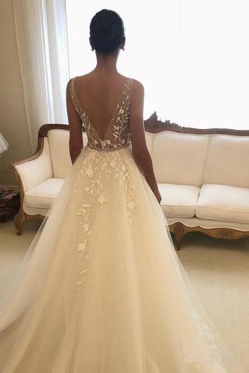 V back Lace Tulle Wedding Dress,Vestidos de Novia with Lace Decoration,GDC1224