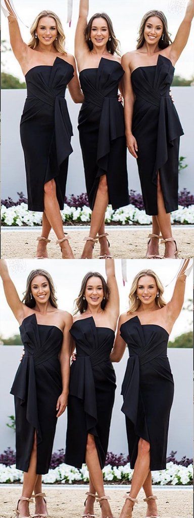 Chic Black Strapless Short Bridesmaid Dresses with Slit Chic Black Strapless Short Bridesmaid Dresses with Slit