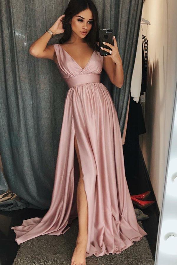 Dusty Pink Prom Dress,Flowy Prom Dresses with Slit, GDC1240-Dolly Gown