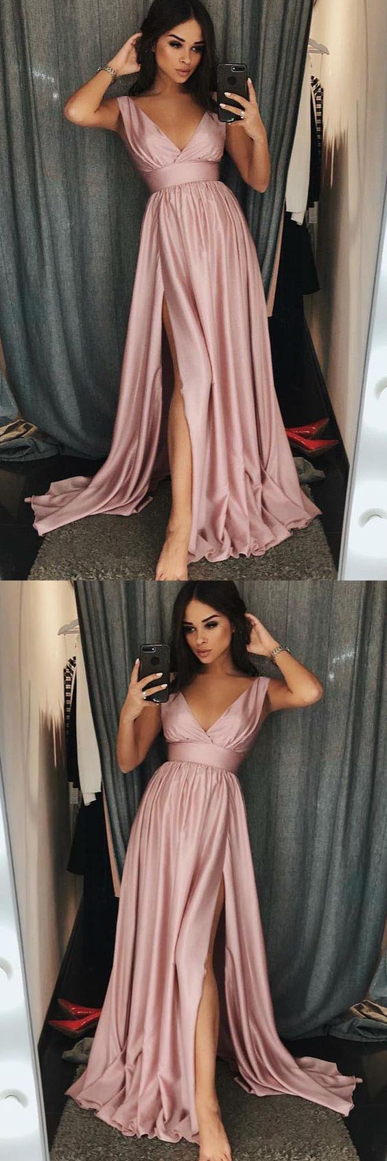 Dusty Pink V Neck Flowy Prom Dres with High Slit Dusty Pink V Neck Flowy Prom Dres with High Slit