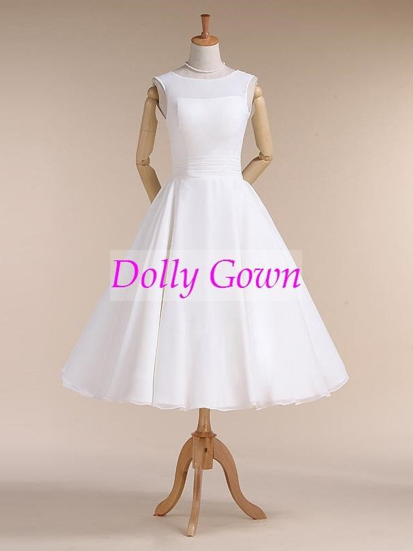 Chiffon Jewel Neck Vintage Style 50s Tea Length Wedding Dress for Older Brides over 40-Dolly Gown