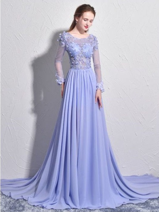 Chiffon See through Floral Lace Top Long Sleeve Lilac Prom Dress Formal Dress with Long Sleeves #21011201-Dolly Gown