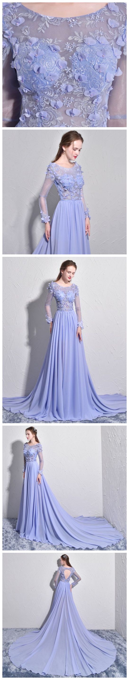 Chiffon See through Floral Lace Top Long Sleeve Lilac Prom Dress Formal Dress with Long Sleeves #21011201-Dolly Gown