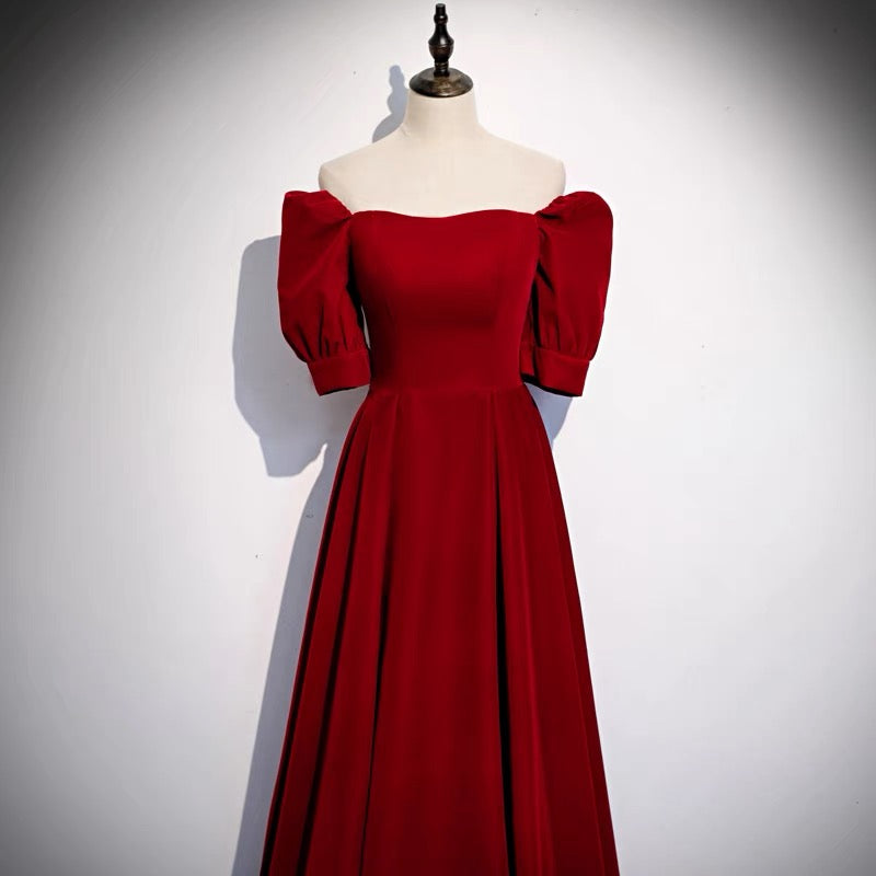 Classic Off Shoulder Long Maroon Prom Dress - DollyGown