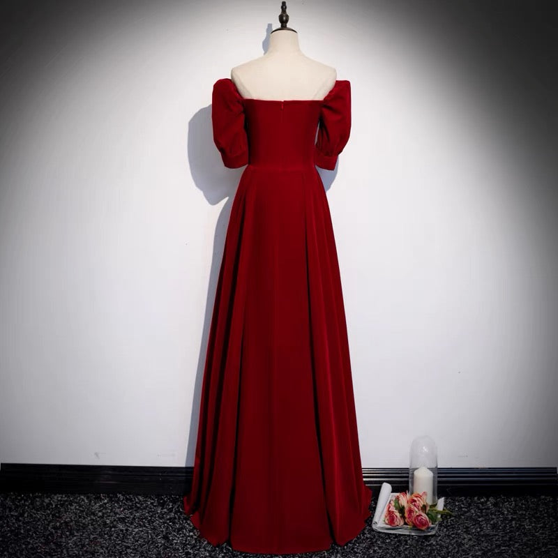 Classic Off Shoulder Long Maroon Prom Dress - DollyGown