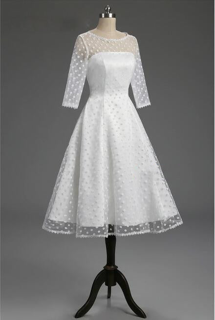 Classic Polka Dot White Short Wedding Dress with Sleeves,1950s Pin Up ...